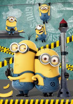 two minion characters hugging each other in front of yellow and black caution tape,