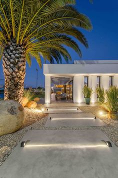 a house with palm trees in the front yard and walkway leading to it at night