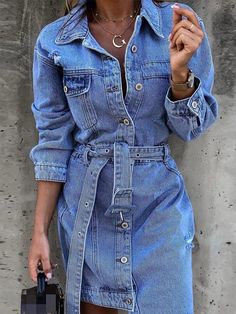 Turn-Down Collar Full Sleeve Denim Dress     01 Blue Size Chart     Sleeve (cm) Bust Size (cm) Shoulder (cm) Length (cm) Hip Size(cm)    S   -   90   38   87     M - 94 39 88 -   L - 98 40 89 -   XL - 102 41 90 -   XXL - 106 42 91 -    "Size measured by ourselves, sometimes has some errors, but always within 3cm."                     02 Light Blue Size Chart         Sleeve (cm)   Bust Size (cm)   Waist Size (cm)   Length (cm)   Shoulder (cm)     S   -   96   -   105   38     M   - Vestiti In Jeans, Moda Denim, Spring Denim, Dress Sleeve Length, Denim Midi Dress, Collared Shirt Dress, Casual Summer Shorts, Denim Shirt Dress, Long Sleeve Short Dress