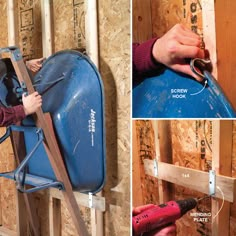 a man is working on the back of a blue barrel with tools attached to it