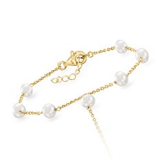 Ross-Simons - 5-6mm Cultured Pearl Hand Chain Bracelet Over Sterling. 7". Be a trendsetter without spending big! Our 18kt yellow gold over sterling silver hand bracelet features 5-6mm cultured freshwater oval pearls stationed around a classic cable chain that wraps the wrist and middle finger for a fashion-forward look. Includes 1" extender. Lobster clasp, white pearl hand chain bracelet. Pearl birthstones are the perfect gift for June birthdays. Elegant White Bracelets With Gold Chain, Classic Hypoallergenic Chain Bracelet For Anniversary, Formal Hypoallergenic Yellow Gold Chain Bracelet, Gold Pearl Chain Bracelet With Adjustable Chain, Yellow Gold Pearl Chain Bracelet For Anniversary, Yellow Gold Plated Bracelets With Pearl Chain, Yellow Gold Pearl Bracelet With Pearl Chain, Classic Gold Pearl Bracelet Hypoallergenic, Luxury Yellow Gold Pearl Chain Bracelet