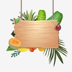 a wooden sign hanging from a rope with tropical leaves and fruits around it on a white background