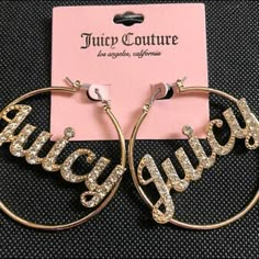 Juicy Couture logo hoops earrings, rhinestones and gold 2000s Accessories, 2000s Jewelry, Couture Earrings, Juicy Couture Earrings, Juicy Couture Logo, Heart Shaped Diamond Ring, Juicy Couture Bracelet, Juicy Couture Accessories