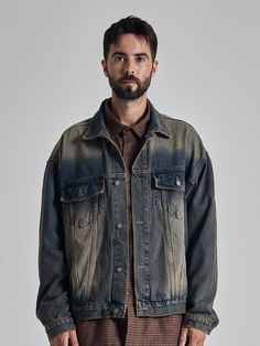 Editor's notesIt is a casual utility denim jacket for unisex. The jacket has brushings and finished with sand tint dyeing to maximize vintage mood. The naturally made washing puckering along the seam adds vintage mood. The jacket has rusty buttons and label as a point.- Oversized fit- Button closure- Chest pockets- Side pockets- Adjustable hemMeasurements(in.)One Size- Length: 26.8 in.- Shoulder: 22.8 in.- Chest: 25.6 in.- Sleeve: 23.6 in.*Model size: Height 5’ 12” / Fitting size: One SizeCompos Faded Stonewashed Fall Outerwear, Oversized Distressed Vintage Outerwear, Rugged Denim Jacket With Pockets For Streetwear, Vintage Oversized Distressed Outerwear, Oversized Faded Washed Outerwear, Rugged Faded Outerwear For Fall, Faded Distressed Denim Jacket For Winter, Winter Faded Distressed Denim Jacket, Rugged Washed Denim Outerwear