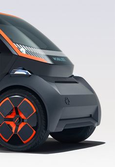 an electric vehicle with orange wheels is shown in this image, it appears to have been designed by the company