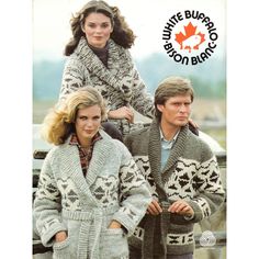 two women and a man wearing sweaters and hats in knitting pattern book with maple leaf on back