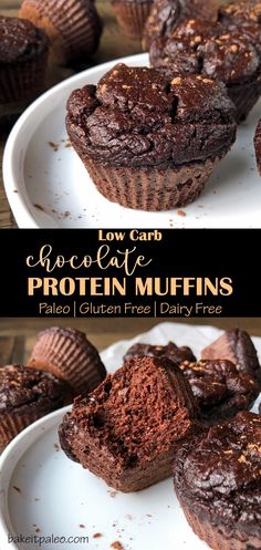 low carb chocolate protein muffins on a white plate with text overlay