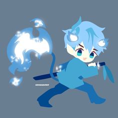 an anime character with blue hair running and holding a light up wand in his hand