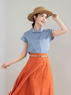 "you can wear it as a casual tops for travelling, having a picnic with your friends, dating and shopping, Perfect for lazy days that you want to sustain a chic and stylish appearance. Also you can pair it with skirt, suspender pants, suspender skirts just like model. DETAIL * 100% Linen * button up shirts * collared neckline * straight style * split side hem * short sleeve   * Perfect for summer spring autumn * Dry clean * The model is 168 cm (5′6″) tall with a 80 cm (31.5\") bust, 66 cm (26\") waist. She is wearing a plaid tops in size XS. CUSTOM MADE SERVICE If you * Change other color * Can't find your size in our size Chart * Change the Style * Change the length * Your Height is not Between 5'1\" - 5\"9\" * Your weight is not Between 47 kg - 75kg I can do it for you, It will need some Summer Blouse With Casual Collar And Buttons, Cotton Vacation Blouse With Collar, Cotton Blouse For Vacation, Casual Summer Blouse With Collar, Casual Vacation Blouse With Collared Neckline, Casual Collared Blouse For Vacation, Casual Collared Neckline Blouse For Vacation, Casual Summer Blouse With Placket, Casual Blouse With Collared Neckline For Vacation