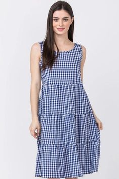 Blue Gingham Sleeveless Tiered Midi Dress Easy Does It, Clothes Winter, Check Dress, Tiered Midi Dress, Peasant Dress, Clothes Summer, Blue Gingham, Blue Check, Classy Women