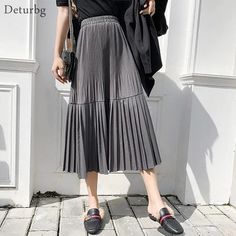 Elegant Solid Color Vintage High Waist Pleated Chic Skirt – lastrafashion Gray High Waist Pleated Skirt For Spring, Spring Gray Midi-length Skirt, Gray Midi Length Skirt For Spring, Spring Gray Midi Length Skirt, Spring Gray Midi Skirt, Gray Knee-length Skirt For Spring, Chic Skirt, Pleated Long Skirt, Chic Skirts