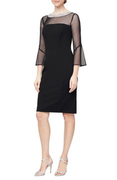 Alex Evenings Embellished Shift Cocktail Dress | Nordstrom Black Dress With Silver Accessories, Mesh Cocktail Dress, Cocktail Dress Nordstrom, Alex Evenings, Glamorous Dresses, Illusion Neckline, Bateau Neck, Black Evening Dresses, Midi Cocktail Dress