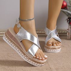 Product information: Lining material: PU Toe holder shape: Fish Mouth Color: silver, gold Shoe Upper material: leather Size: 36,37,38,39,40,41,42 Wearing method: Buckle Sole material: rubber Packing list: Sandals *1 pair Product Image: Gold Shoe, Gold Shoes, Packing List, Wedge Sandals, Silver Gold, Wedges, Buckle, Plus Size, Sandals