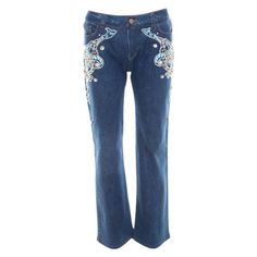 Wear these blue jeans from Roberto Cavalli on days when you wish to dress casually. Made of a cotton blend, they've been tailored in a wide leg shape and embellished with crystals. You must try wearing it with a halter top and block heel sandals. Denim Wide Leg, Studded Denim, Tuxedo Dress, Embellished Denim, Embellished Jeans, Straight Fit Jeans, Silk Pants, Floral Pants, Cropped Trousers