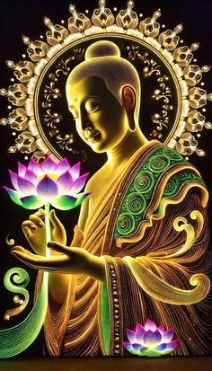 the buddha is holding a flower in his hand