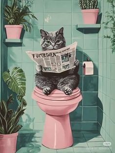 a cat that is sitting on top of a toilet reading a newspaper in the bathroom