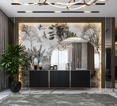 a living room with a large mirror and black cabinet in the center, along with a potted plant