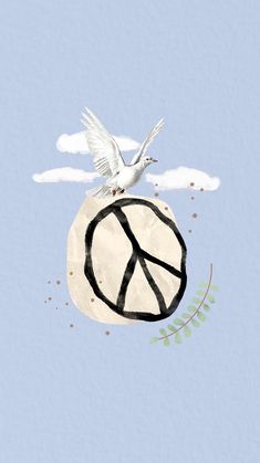 a peace sign on top of a rock with a bird flying over it in the sky