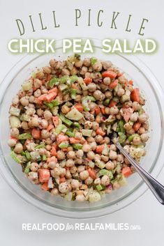 chickpea salad in a glass bowl with a spoon on the side and text overlay that reads dill pickle chicken pea salad