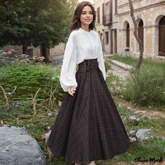 Olivia Mark - Vintage Lantern Sleeve Blouse with Palace Vintage Corset Belt Plaid Midi Skirt Plaid Midi Skirt, Belt Blouse, Academia Style, Lantern Sleeved Blouses, Vintage Corset, Vintage Lanterns, Anime Inspired Outfits, Corset Belt, Medieval Clothing