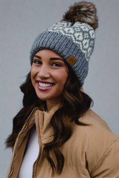 Grey & cream patterned knit hat. Natural faux fur pom accent - fleece lined 100% Acrylic. Animal Books, Pom Pom Hat, Fur Pom Pom, Denim Jumpsuit, Knit Hat, Cardigan Tops, Bottom Clothes, Hair Jewelry, Bottoms Pants