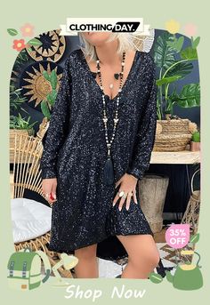 Dazzling Sequins Extra Loose Long Sleeve Trendy Dress for Women Casual Sequin Party Dress, Casual Holiday Party Dresses, Trendy Dresses, Women's Fashion Dresses, Knee Length, Fashion Dresses, Summer Fashion, Womens Dresses, Long Sleeve