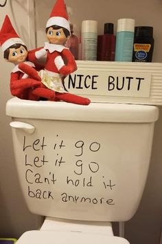 an elf is sitting on top of a toilet with the words'let it go can't hold it back anymore '