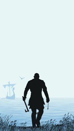 the silhouette of a man with an ax in front of a ship on the water