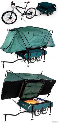 three different types of bike trailers with wheels and covers on them, one is blue and the other has green