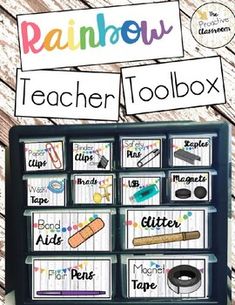 the rainbow teacher toolbox is filled with different items