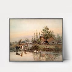 an oil painting of cows and ducks in a pond by a farm house on the other side