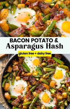 bacon, eggs and asparagus hash browns in a skillet with text overlay