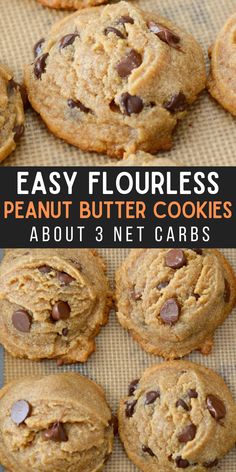 These flourless peanut butter cookies are packed with dark chocolate chips and perfectly soft and chewy. Naturally gluten-free, and about 3 net carbs each! Flourless Peanut Butter Cookies, Recipe Cookies, Desserts Keto, Breakfast Low Carb, Postre Keto, Peanut Butter Chocolate Chip Cookies, Cookies Easy, Low Carb Cookies, Low Carb Sweets