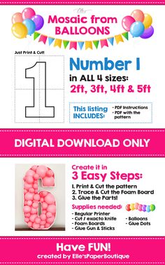 an advertisement for a birthday party with balloons and numbers on the front, in pink