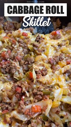 this cabbage roll skillet is loaded with ground beef, cheese, and vegetables it's ready to be eaten