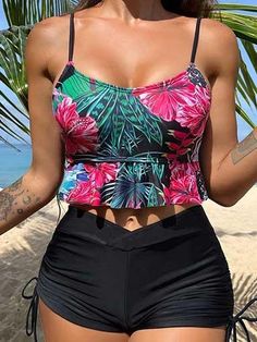 Two Piece Floral Swimsuit with Shorts - SHExFAB Swimsuit With Shorts, Printed Tankini, Two Piece Swimwear, Floral Swimsuit, Pink Swimsuit, Beach Swimwear, Tankini Set, Tankini Swimsuits, Swimsuit Cover Ups