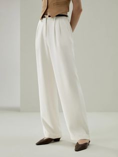 Timeless Pleated Wide-Leg Silk Trousers for Women - White,Black Ascot Outfits, Silk Wide Leg Pants, Flannel Suit, Summer Pieces, Silk Maxi Skirt, Wardrobe Makeover, Camisole Set, Office Job, White Trousers