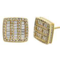 "Amazing stud earrings Solid 925 sterling silver, 14k yellow gold finish Wont turn your ears green! 2.8ct simulated diamonds Mix of icy baguette & round stones! SUPER ICY...Must see in the sun! About 0.4\" (10mm) wide perfect large size! Pair weighs around 3.6 grams Screw backs for a secure fit!" Classic Gold Earrings With Baguette Diamonds, Gold Baguette Cut Cubic Zirconia Diamond Earrings, Gold Cubic Zirconia Diamond Earrings Baguette Cut, Gold Baguette Cut Earrings With Diamond Accents, Gold Baguette Cut Cubic Zirconia Earrings, Gold Rectangular Earrings With Baguette Diamonds, Gold Earrings With Baguette Diamonds As Gift, Gold Sterling Silver Earrings With Baguette Diamonds, Yellow Gold Sterling Silver Earrings With Baguette Diamonds