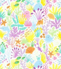 an image of colorful sea animals on white background with blue, yellow and pink colors