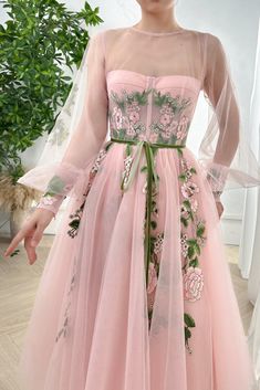 Corset Illusion Long Sleeves Floral Applique Midi Dress Patterned Bridesmaid, Teuta Matoshi, Embroidered Corset, Bow Belt, Illusion Neckline, Blush Dresses, فستان سهرة, Vestidos Vintage, Velvet Bow