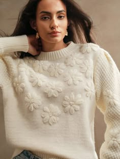 Thick Crochet Knit Long Sleeve Sweater, Casual Workwear Beige Casual  Long Sleeve Knitwear Plain Pullovers Medium Stretch  Women Clothing, size features are:Bust: ,Length: ,Sleeve Length: Embroidered Wool, Embroidered Sweater, Fashion Story, Inspiration Mode, Wool Blend Sweater, Scarf Hairstyles, Long Sweaters, S Models, Neck Designs