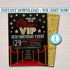 this is an image of a birthday party with gold glitter and red carpet on it