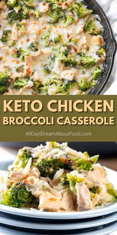 broccoli casserole with chicken and cheese in a skillet on the side