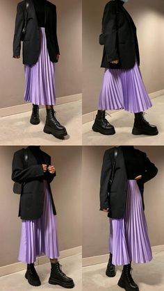 Purple Skirt Winter Outfit, Purple Skirt Long, Purple Skirt Outfit Winter, Pleated Skirt Styling, Goth Outfits Long Skirt, Long Purple Skirt Outfit, Purple Skirt Outfit Aesthetic, Plisse Skirt Outfit, Purple Pleated Maxi Skirt