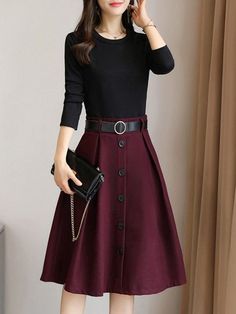 Sweater Dresses,Green,Brown,Red,Long Sleeve,A-line... #brown #dresses #green #sleeve #sweater Maroon Skirt, Midi Dress Elegant, Design Moda, Peacoats, Dresses Green, Sweater Dresses, Panel Dress