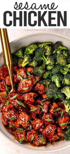 a bowl filled with chicken and broccoli covered in sesame seeds, garnished with sesame seeds