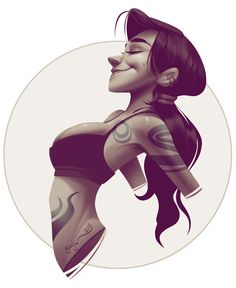 a drawing of a woman with tattoos on her arm and chest, looking to the side