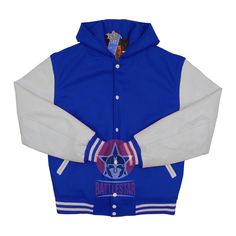 DETAILS OF JACKET The Classic Hooded Varsity Jacket Color: Royal Blue / White Royal Blue / White Rib on Neck, Wrist & Bottom/Hem Two External Side Pockets Exterior Sleeve: Cowhide Leather Interior: Polyester Quilted Lining / Two internal Pockets Style: Classic Hooded Varsity Care: DRY CLEAN ONLY We can add custom embroidery, printing, or labels on these jackets as per the customer's demand. Additional charges apply. Fitted White Hooded Jacket For Fall, Blue Double-lined Hooded Outerwear For Streetwear, Blue Outerwear With Double-lined Hood For Streetwear, White Hooded Varsity Jacket For Fall, White Hooded Varsity Outerwear, White Fitted Varsity Outerwear, Fitted Varsity Leather Jacket For College, White Fitted Varsity Jacket For College, Blue Leather Jacket For Streetwear