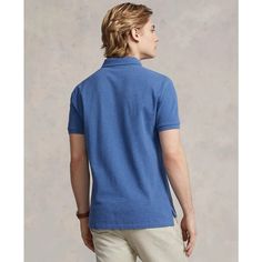 This custom slim-fit cotton mesh Polo offers a textured look with breathability, perfect for stylish comfort. Made from Ralph Lauren's timeless original design and refined for a tailored trim fit, it features signature Pony details, tennis tail hem, and soft feel - ideal for capturing your next Instagram outfit. Classic Cotton T-shirt With Johnny Collar, Ralph Lauren Short Sleeve Polo Shirt, Ralph Lauren Cotton Polo Collar Top, Ralph Lauren Blue Relaxed Fit Shirt, Ralph Lauren Cotton Polo Top, Blue Ralph Lauren Polo Shirt, Fitted Ralph Lauren Collared T-shirt, Blue Relaxed Fit Ralph Lauren Shirt, Ralph Lauren Blue Polo Collar Shirt