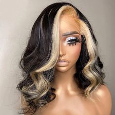 Short Mix Blonde Color Lace Wig Blonde Skunk Stripe Bob Wigs -Alipearl Hair Platinum Blonde Skunk Stripe Wig, Highlight Bob, Hair Color Blonde Highlights, Skunk Stripe, Blessed Wednesday, Bob Cut Wigs, Wavy Bob, Bob Lace Front Wigs, Highlights Brown Hair